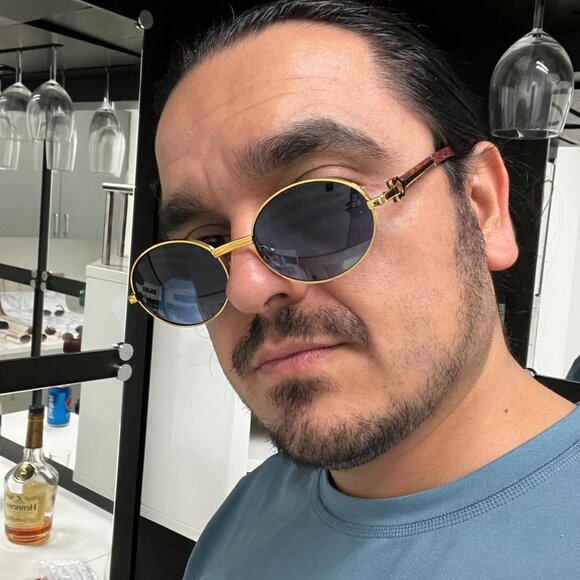 Men Sunglasses Oval Hip Hop Gold Blue Lens Small Retro Designer Rimless Shades - Picture 1 of 4